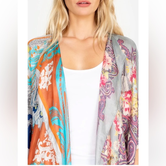 JOHNNY WAS Size OSFA Tara Kimono 100% Silk Floral Butterflies Tassels BoHo NEW - Picture 4 of 16